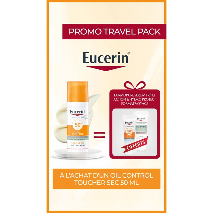 EUCERIN TRAVEL PACK  SUN TOUCHER SEC GEL CRÈME HUILE CONTRÔLE spf 50+|50 ml = 2 Miniatures Offertes