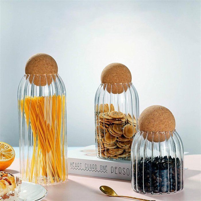 Bocaux de stockage - AYA HOME - Set de 3 - Verre et bambou - 900ml, 500ml, 300ml - model aléatoire verre simple ou strié