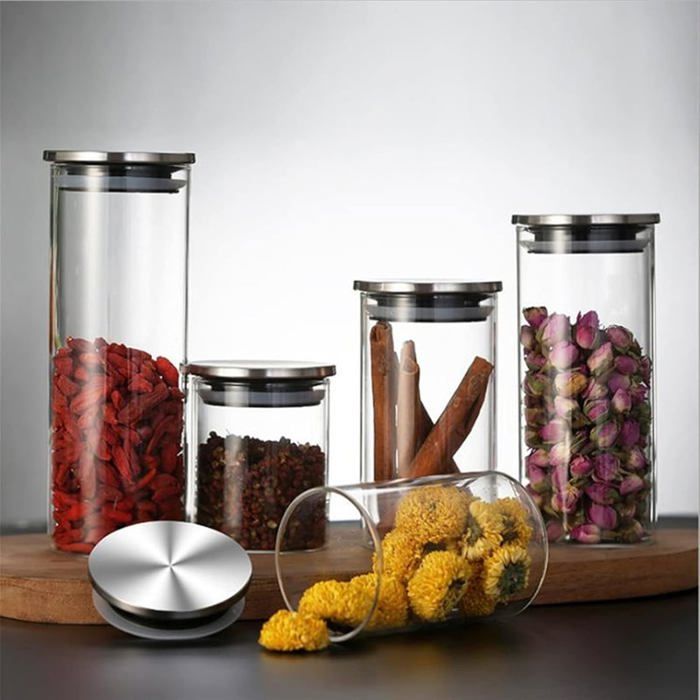 Set 4 boîtes en verres avec couvercle inoxydable 1700 ml 1300 ml 1000 ml 700 ml