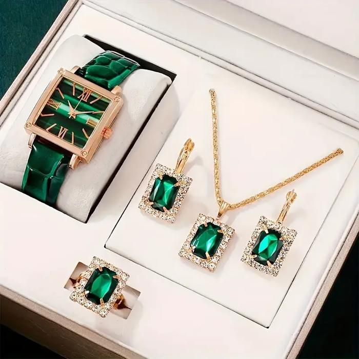 Ensemble Femme 5 Pièces - Montre à Quartz - Vintage Élégant - Chic - Accessoires Assortis - Vert