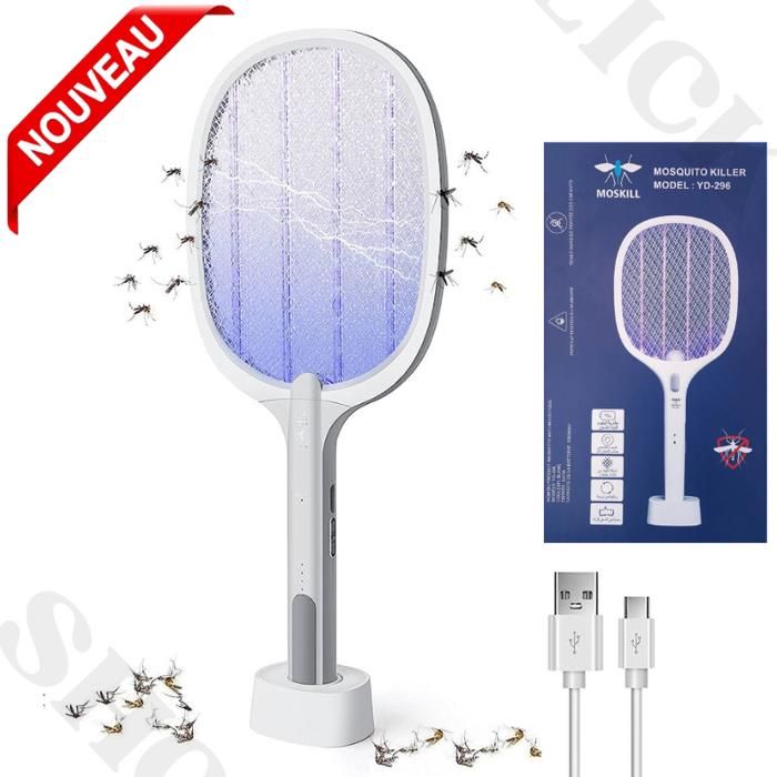 Raquette électrique anti-mouches, Rechargable 1200 mah Lampe & Raquette 2 en 1 avec Support