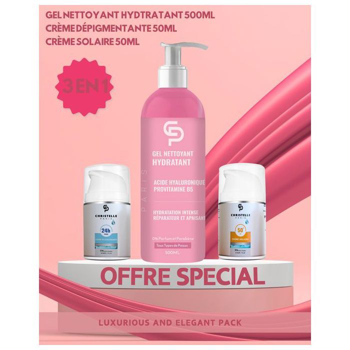 CHRISTELLE PARIS - Lot de 3 Soins – Gel Nettoyant 500 ml, Crème Anti-Taches 50 ml et Crème Solaire 50 ml