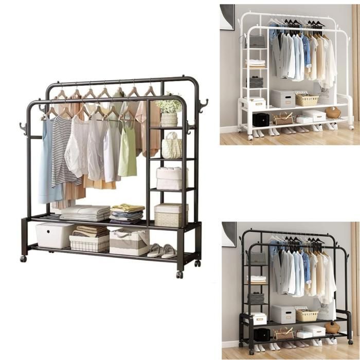 Porte-vêtements à double barre, valet penderie avec 4 patères et étagères multiples(Couleur aléatoire)