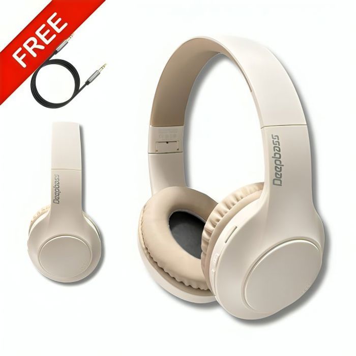 Casque Bluetooth DeepBass R21 – Son stéréo HD - Beige  + Câble auxiliaire offert