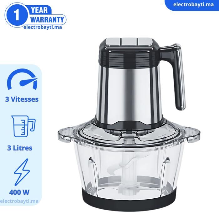 Hachoir Électrique Professionnel – 400 W – 6 Lames – Bol en Verre 3 L – Gris