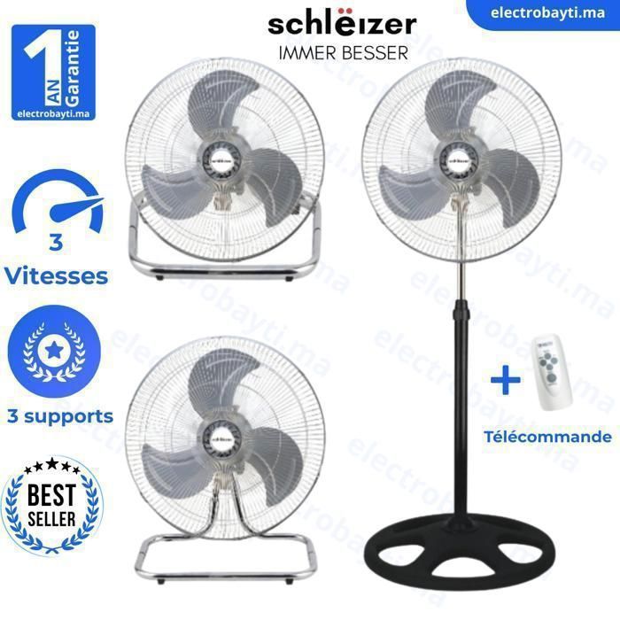 Ventilateur sur pied - INOX - 50W - Télécommande - 3 supports - Design élégant