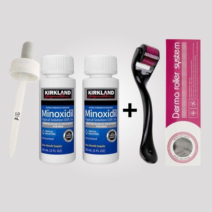 Traitement capillaire - Kirkland - Minoxidil 5% - 2 x 60ml - Derma roller - Anti-chute cheveux