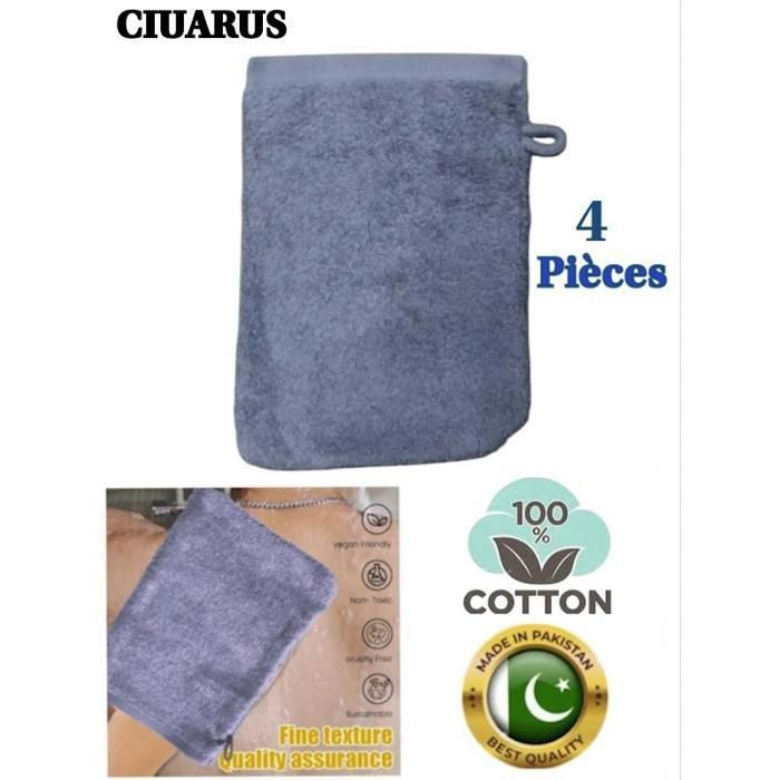 Gant de toilette . Pack familiale de 4 gants de toilette 100% Coton, Fabriqué en Pakistan.
