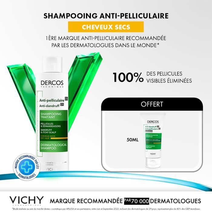Vichy Dercos Shampooing traitant Antipelliculaire Cheveux Normaux à sec – 200 ml = format voyage de 50 ml