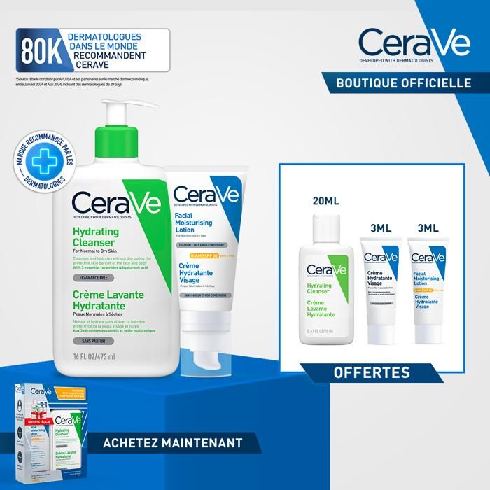 CeraVe Coffret Peau Normale à Sèche – Crème Lavante 473 ml + Crème Hydratante SPF50 + 3 Miniatures Offertes