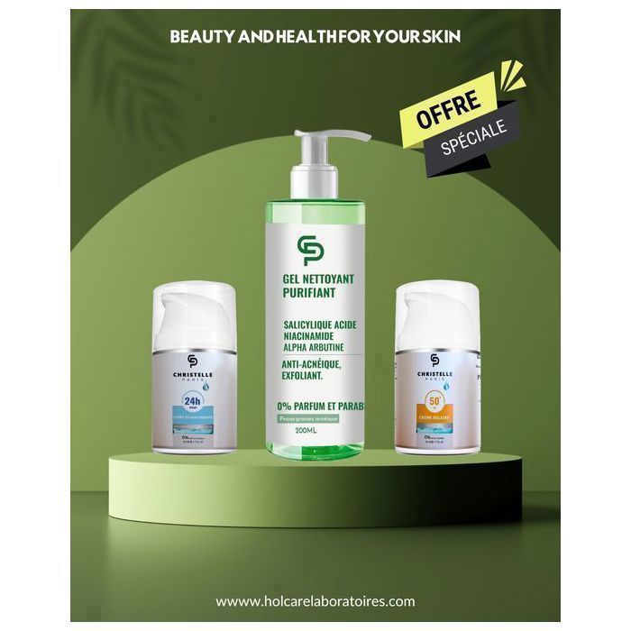 Pack Visage - CHRISTELLE PARIS - Crème DÉPIGMENTANTE 50ml - Écran Solaire SPF50 - Gel Nettoyant 200ml