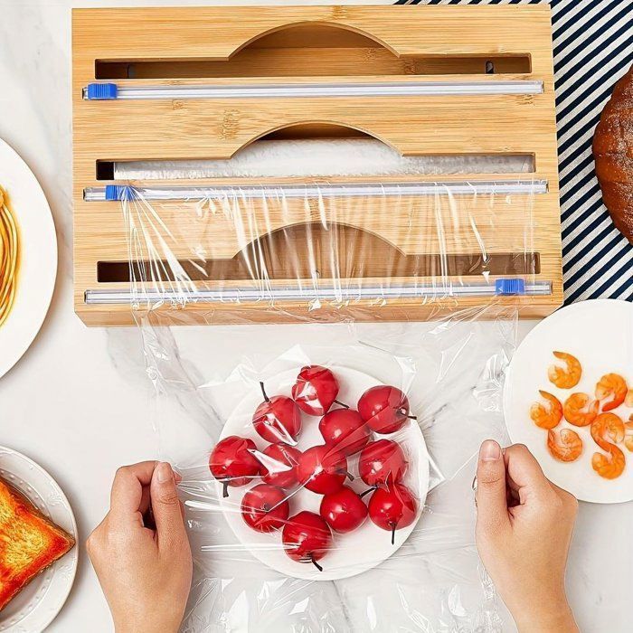 Distributeur de papier d'aluminium - AYA HOME - 3 en 1 - Bois de bambou - Cutter intégré - Étiquettes incluses