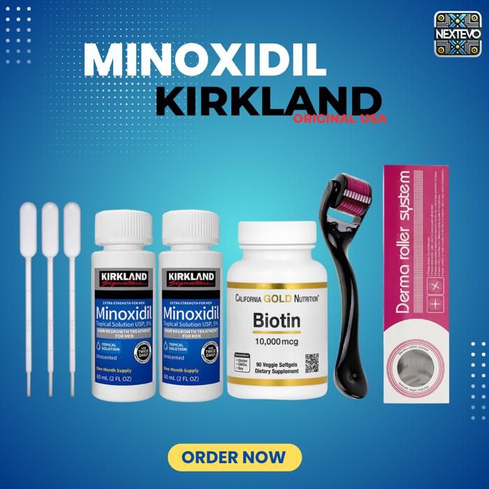 Minoxidil 5% Kirkland + Biotin 10000Mcg Et derma roller - 60ml - ORIGINAL USA