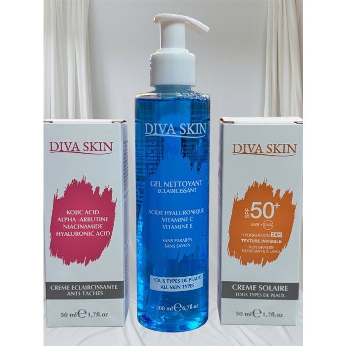 Diva Skin – Creme Anti Taches 50ml+ Gel Nettoyant 200ml + Ecran Invisible  Éclat & Protection au Quotidien