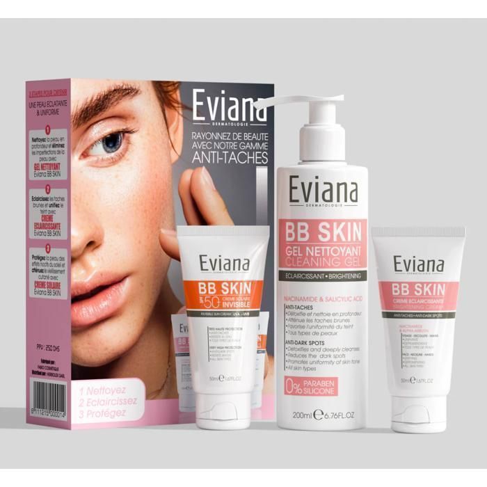 EVIANA  anti-taches brunes EVIANA Pack - écran solaire 50ml SPF 50 + -crème hydratante 50ml- gel nettoyant 200ml