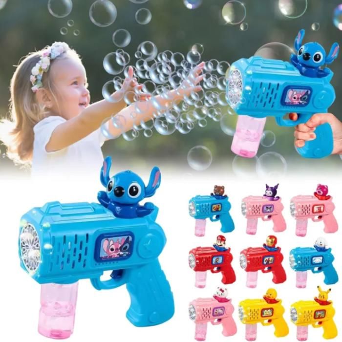 Pistolet à bulles électrique Stitch pour enfants avec liquide inclus, fonctionne sur piles (colleur aléatoire)