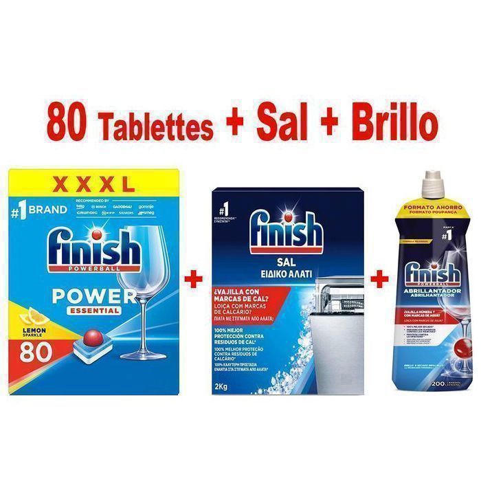 Finish Pack - lave Vaisselle Tablette 80 + Liquide de Rinçage Brillance et Séchage 800 ml + Sel 2kg