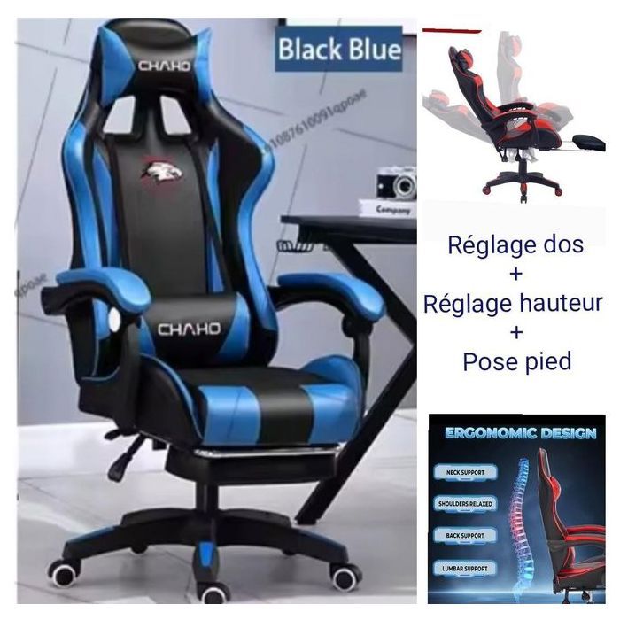 Chaise Gamer - CHAHD - Inclinable - Dossier Lombaire - Accoudoir Réglable - Noir-Bleu