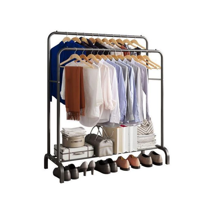 Porte-Vêtements - Métallique - Autoportant - Double Pôle - Etagère de Rangement - Étagère de Chaussure