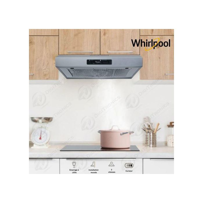 Whirlpool Hotte Murale 3 Vitesses en Inox 60 cm LED, WSLK 65 LS X
