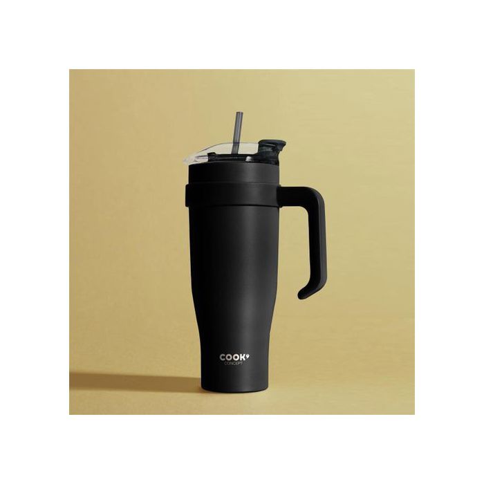 COOK CONCEPT Mug Thermique de Transport MIAMI Noir – 1,2 L – Inox Double Paroi – Garde au Chaud/Froid – Avec Paille et Anse