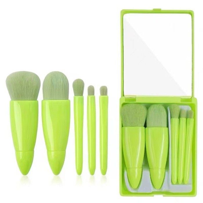 Coffret de 5 pinceaux de maquillage ECELEN avec miroir - Outil de beauté multifonction portable - Vert