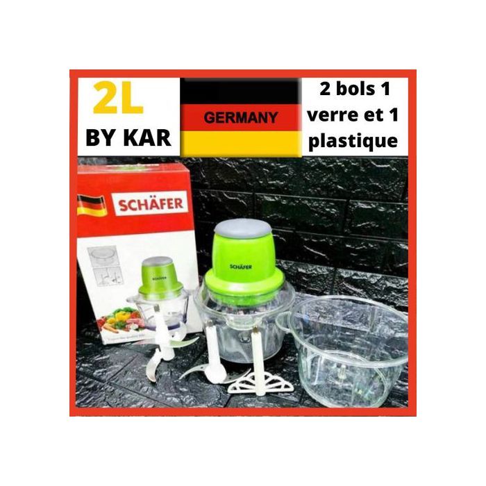 Schafer 2L Mixeur Hachoir robot cuisine à viande électrique 2 Bols 1verre et 1 plastique