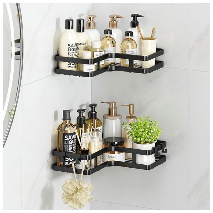 2 Étagères Murale d’Angle pour Salle de Bain Support de Rangement Sans Perçage