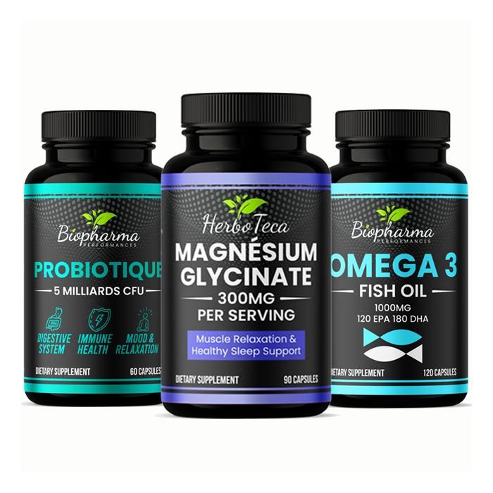 Pack Bien-être Total – Magnésium Glycinate 300mg, Oméga 3 1000mg, Probiotique 5 Milliards CFU