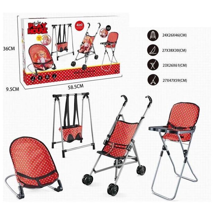 Ensemble de poupée 4 en 1 - Non spécifié - Poussette - Balançoire - Chaise de salle à manger - Rouge