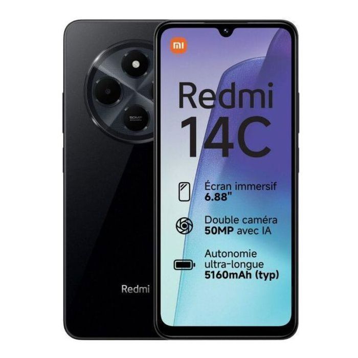 XIAOMI Smartphone Redmi 14C, appareil photo 50 MP, 256 GB, Ram 8GB 4G, midnight black