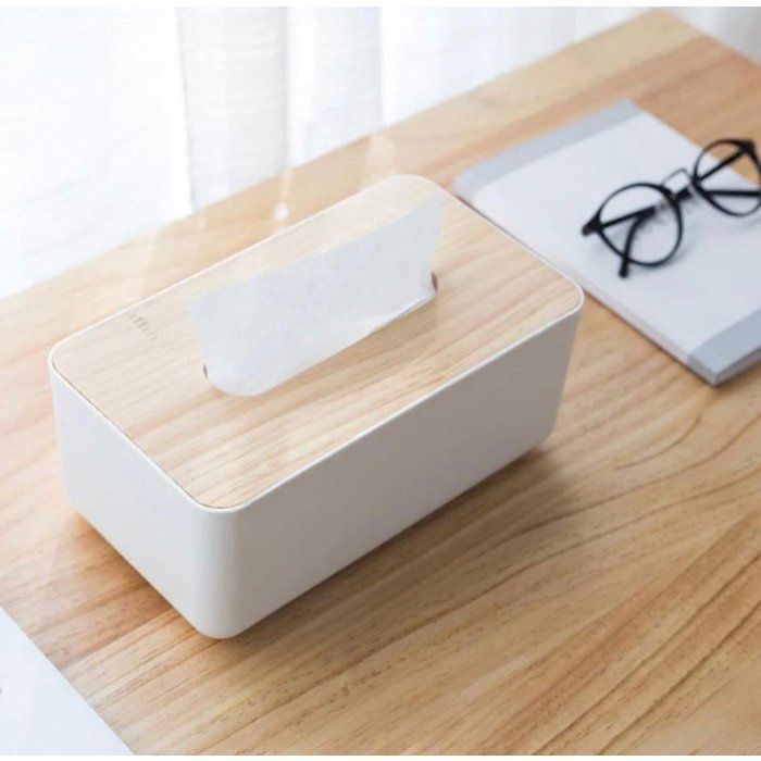 Boîte à mouchoirs - Non spécifié - Taille Unique - Couvercle en bambou - Plastique blanc - Multifonctionnelle