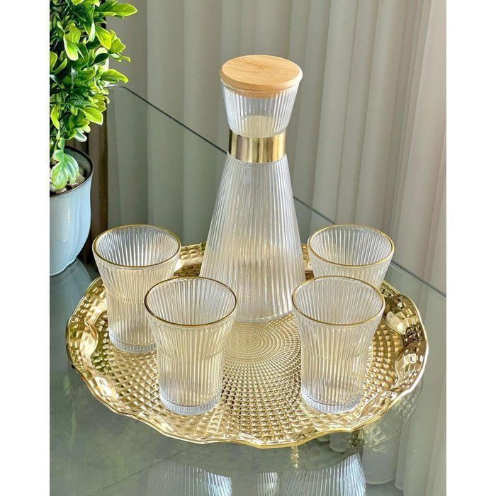 Ensemble Carafe 1L et 6 Verres - Élégant - Décoration Dorée - Inoxydable - Cristal - Silicone