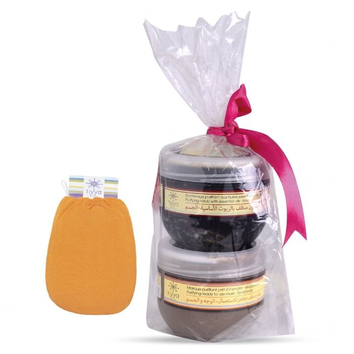 Gant Tiyya - TIYYA - Savon noir 50 ml - Rhassoul au miel 50 ml - Soin oriental complet - Gant de gommage Couleur Aléatoire