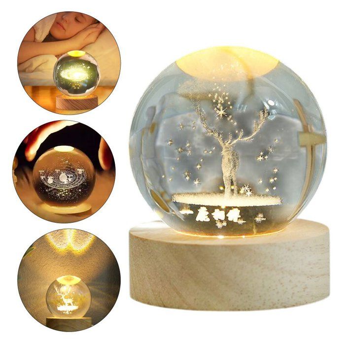 Boule De Cristal Sculptée En 3D Avec Lumière LED Et Support D'éclairage