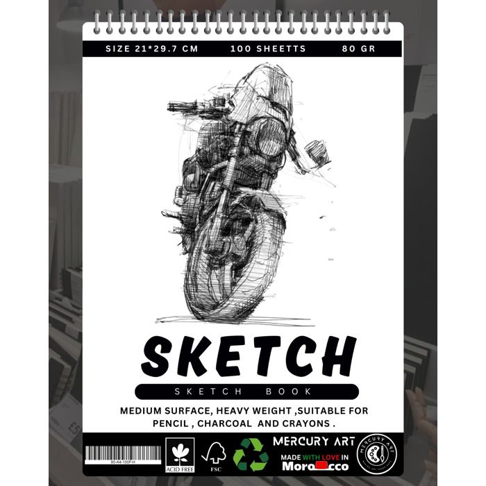 SKETCH BOOK- CAHIER DESSIN -A4 -80 GR -200 PAGES - SPIRALE HORIZENTAL / HARLEY