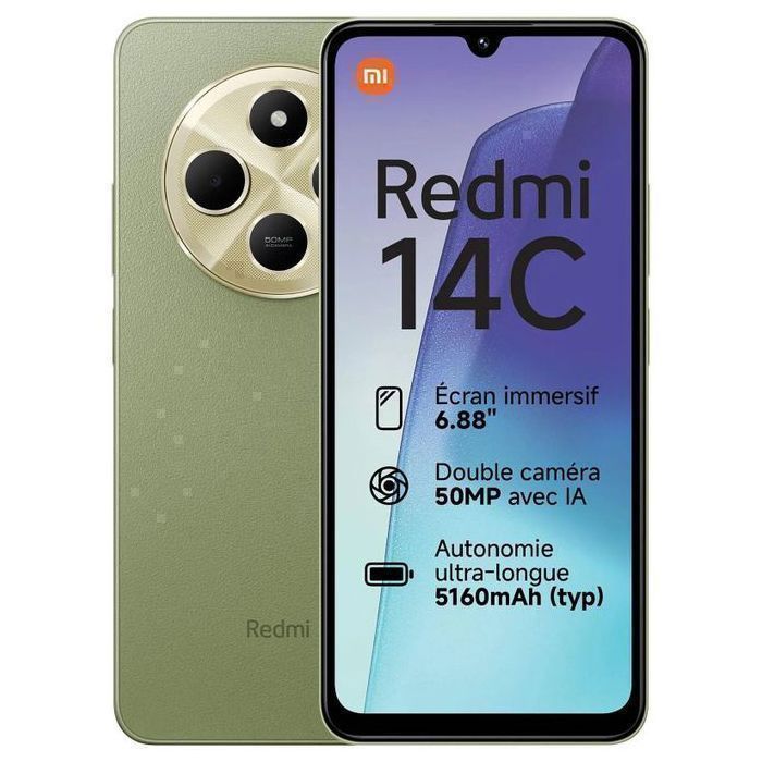 Xiaomi Redmi Smartphone 14C 6.88" 128GB 4GB jusqu'à 8Go Helio G81 Ultra 5160 mAh 50 MP - Sage Green