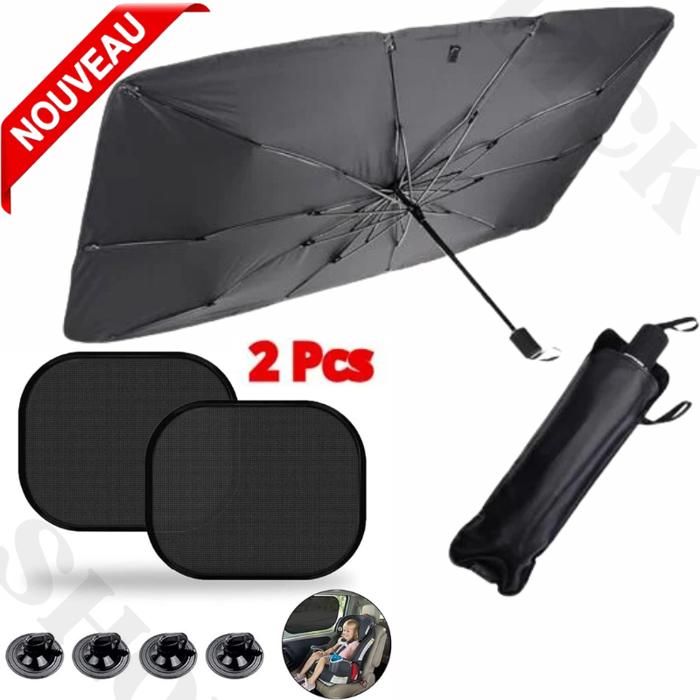 Parapluie Voiture Pare Soleil, Parasol Couverture pare-brise Bloque la chaleur + parasol et 2 stores de voiture.
