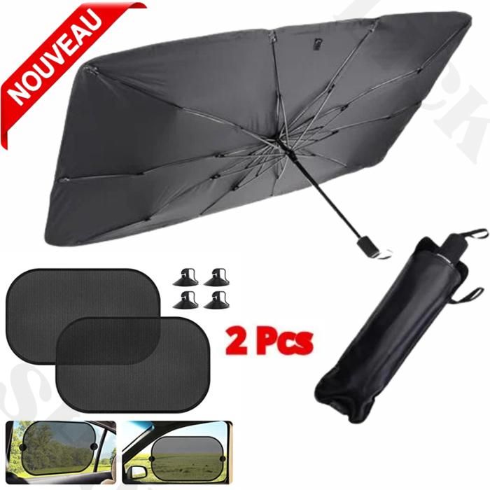 Parasol Parapluie Voiture Pare Soleil, Couverture pare-brise Bloque la chaleur + parasol et 2 stores de voiture.