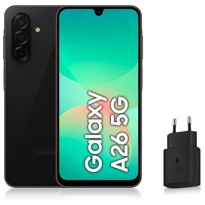 Samsung Galaxy A26 5G 6,7" – 8 Go RAM + 256 Go ROM - Noir +  Chargeur Rapide 25W