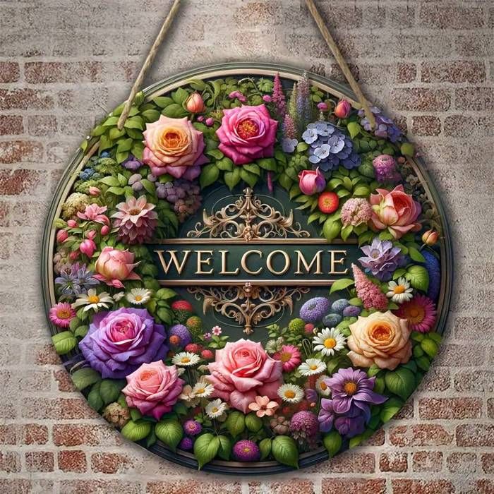 Plaque de Bienvenue Couronne de Roses Élégante en 2D Plate - Décoration Suspendue Ronde en Bois Artificiel avec Motif Floral Vibrant