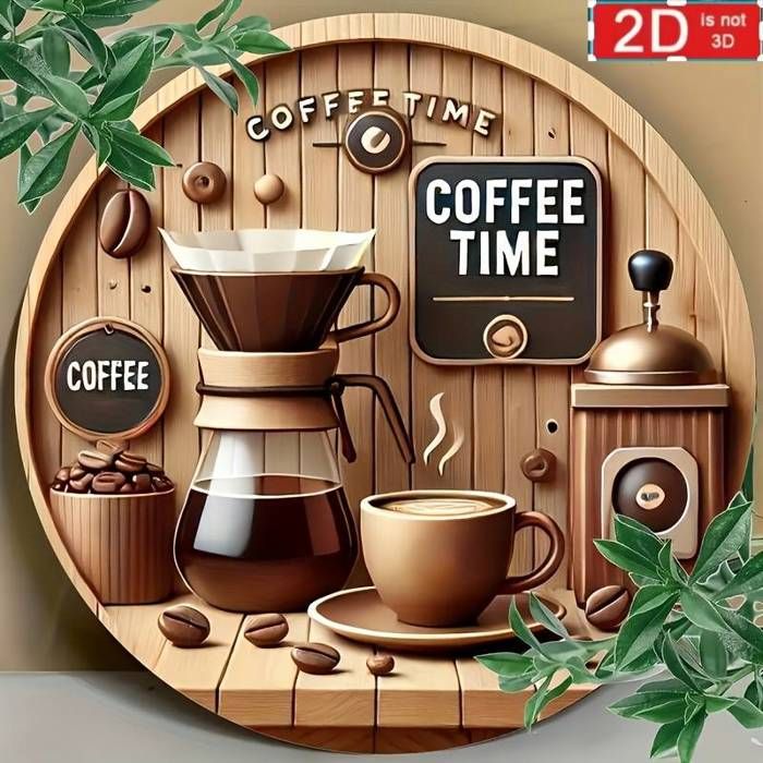 Murale Ronde en Bois Style Art Déco 2D "Heure du Café" avec Grains de Café, Tasses et Mug - Scène de Boutique de Café Vintage, Art M