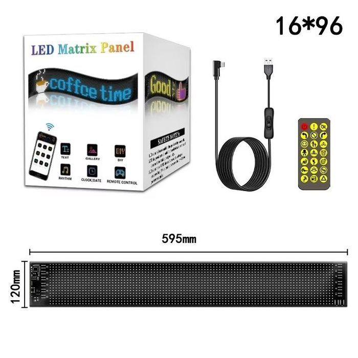 Panneau de pixels LED,panneaux LED,panneau de voiture LED USB 5V Flexible,contrôle par application Bluetooth,16x96 LEDs 12x60CM