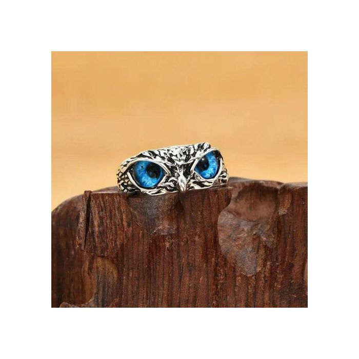 Bague - Hibou - Acier Inoxydable - Yeux Bleus - Argenté - Pour Hommes