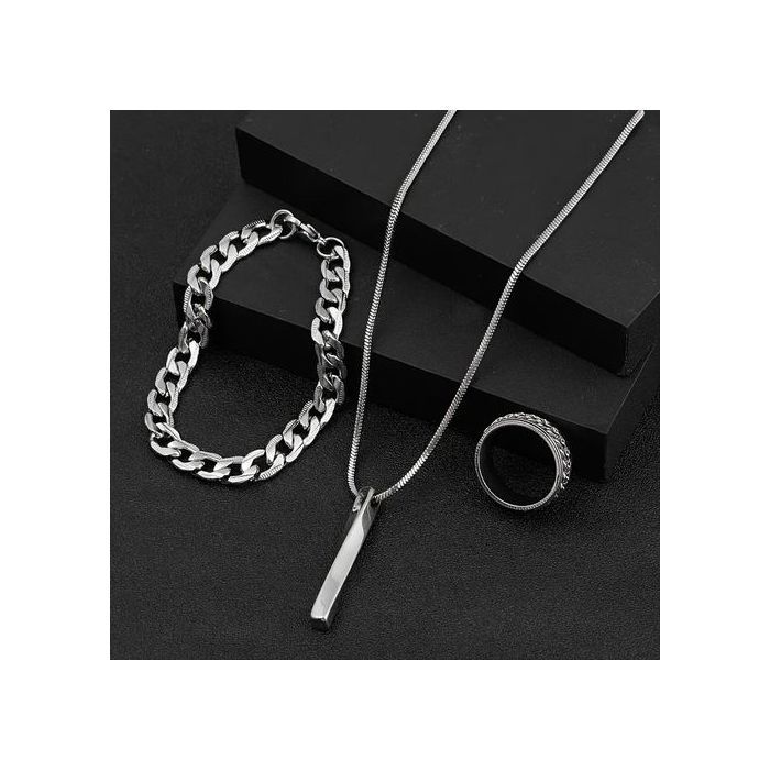 Pack 3 Pièces - Elegant - Acier inoxydable - Argenté - Collier, Bracelet, Anneau - Mixte