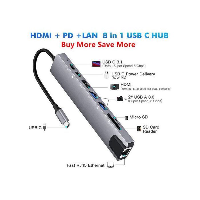 Adapter 8 in 1 USB C Hub Multi-Port Type C  with 4K HDMI USB 3.0 Port