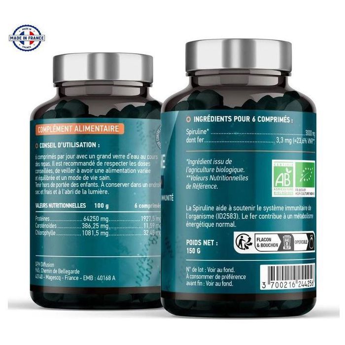 Spiruline Bio 500 mg Boite 300 comprimés  made in France.