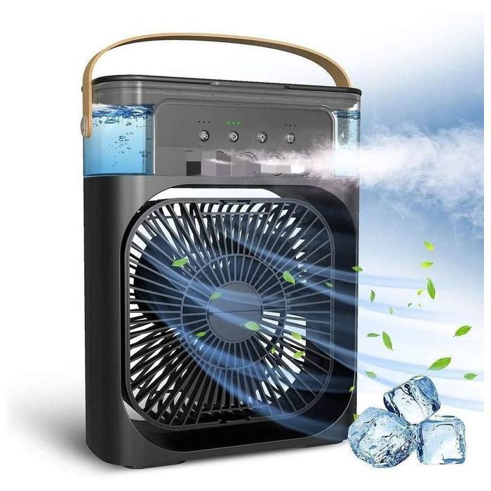 Ventilateur de climatisation portable, 7 couleurs de lumière LED minuteur 1 2 3 H 3 vitesses de vent et 3 modes