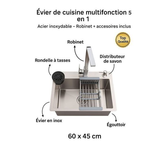 Évier de cuisine inox 5 en 1 avec robinet, égouttoir, distributeur de savon et rondelle – 60x45cm – Installation facile
