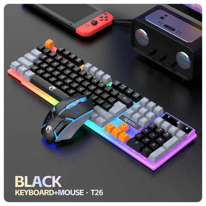 Ensemble Clavier Gamer RAIKU T26 Rétroéclairé + Souris Filaire Tactile – 3 Tons LED - Noir